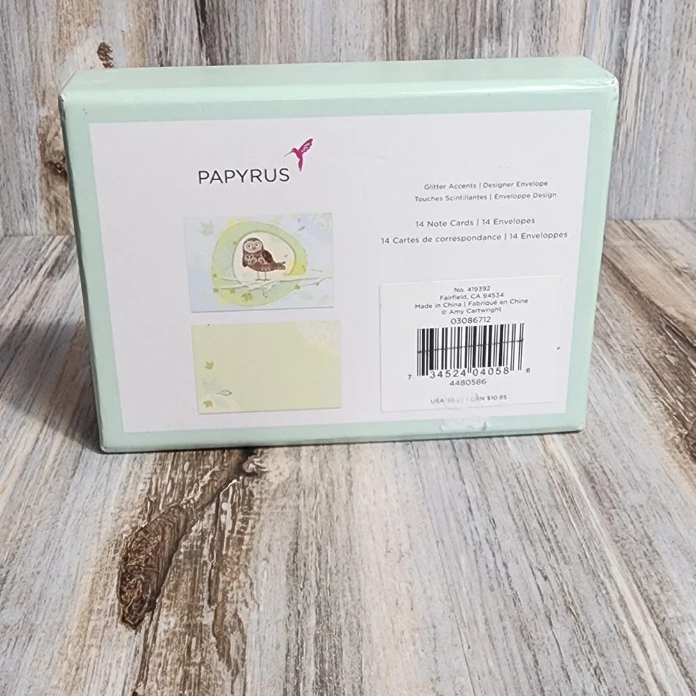 NEW Papyrus Glittery Owl Artist Designed Note Card With Envelopes Box Set of 14